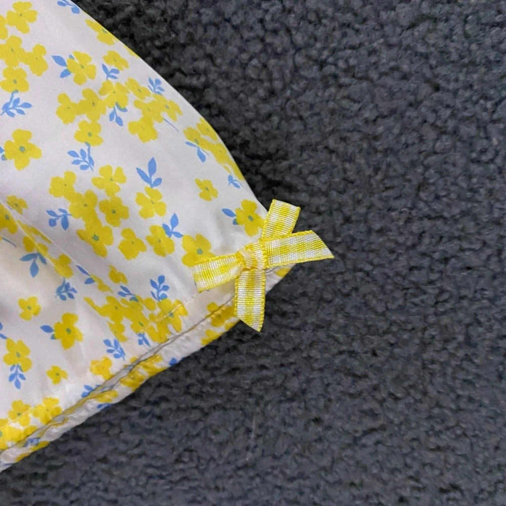 For Love & Lemons Dress FITS XS Yellow Daffodil Floral Puff Sleeve Satin Mini